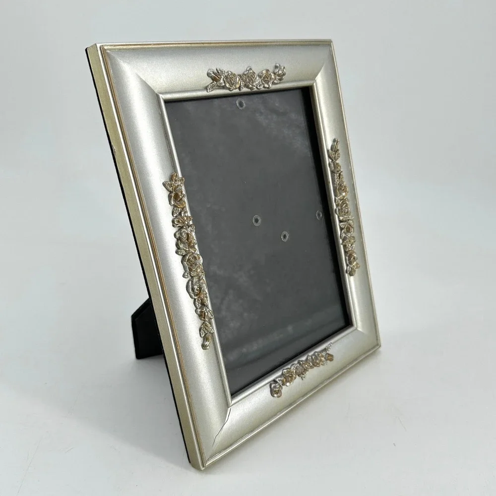 Silver Tone Ornate Floral Rose Picture Frame Tabletop Wall Mount 5x7 Style